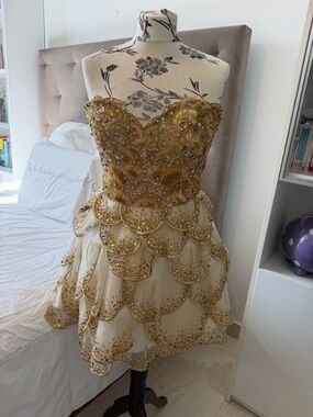 Sherri Hill Gold and Ivory Beaded Strapless Party Dress